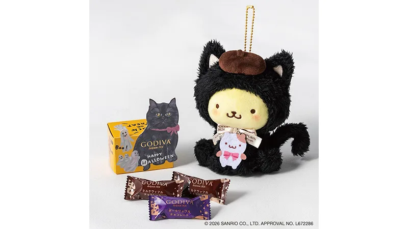 「ゴディバ ブラックキャット コレクション G クリスピーショコラ アソートメント 3粒入+ポムポムプリン ぬいぐるみチャーム オンラインショップ限定」